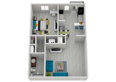 A top-down view of a small apartment with a kitchen, living room, and bathroom.